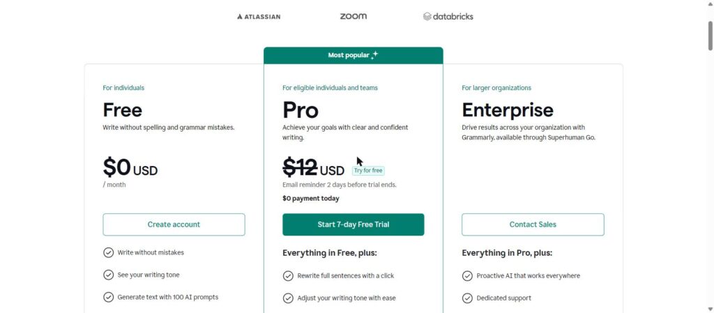 Grammarly Free and Pro plans pricing 2026