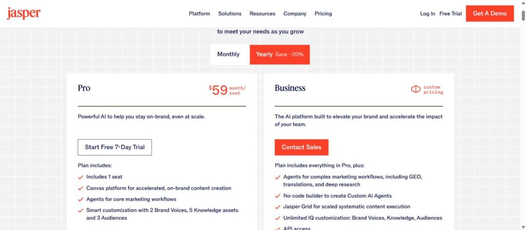 Jasper AI pricing 2026: Pro and Business plans