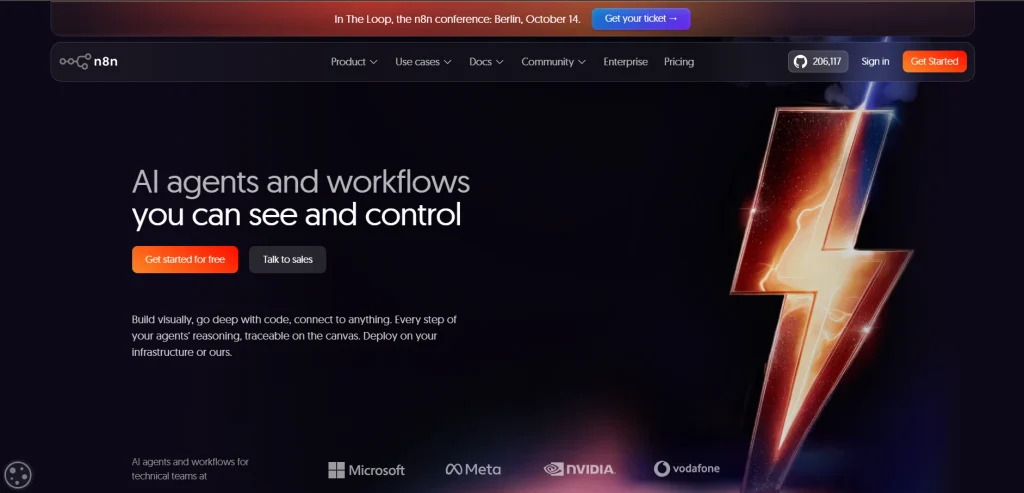 n8n homepage with the headline "AI agents and workflows you can see and control" and sign-up buttons