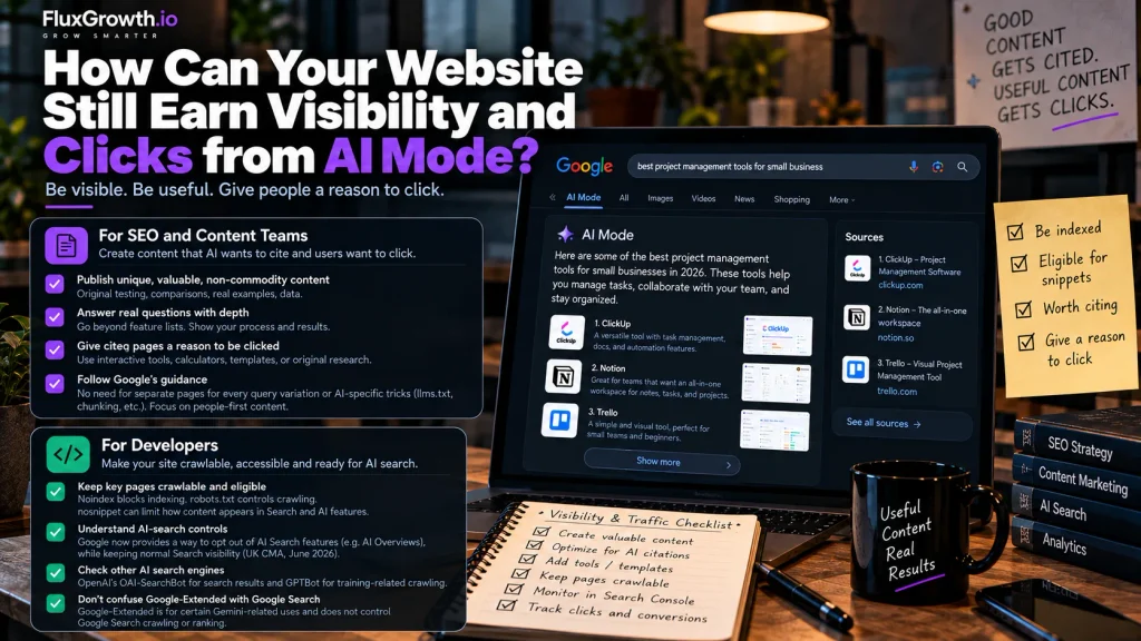 Checklist for earning Google AI Mode visibility and clicks, split into steps for content teams and developers