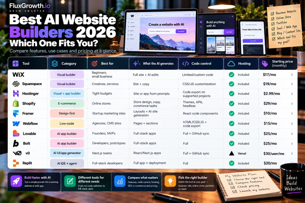 Comparison table of the best AI website builders in 2026: 10 tools by category, code control, hosting, and price