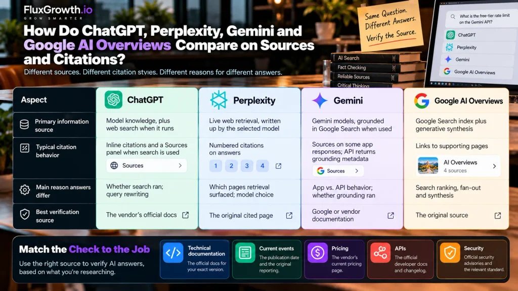 Comparison table of how ChatGPT, Perplexity, Gemini and Google AI Overviews differ on sources, citations and verification