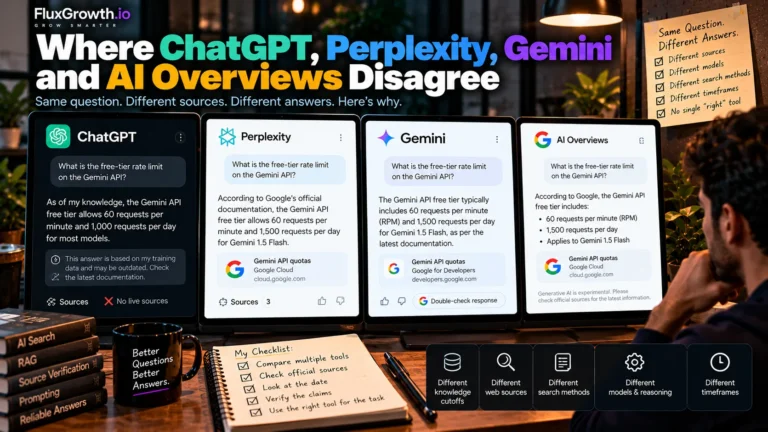 Four AI answer cards from ChatGPT, Perplexity, Gemini and AI Overviews giving different answers to one Gemini API question