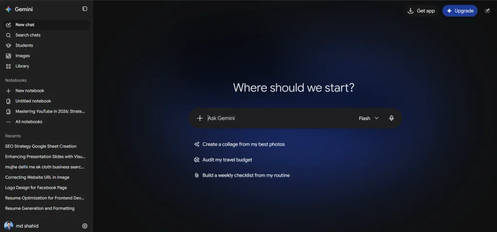 Gemini app home screen with the Ask Gemini prompt box and Flash model selector