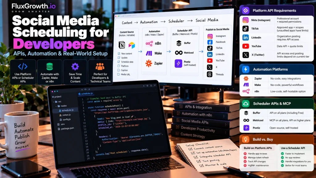 Developer social media scheduling workflow: Notion or Airtable to n8n, Make or Zapier, then a scheduler API to each platform