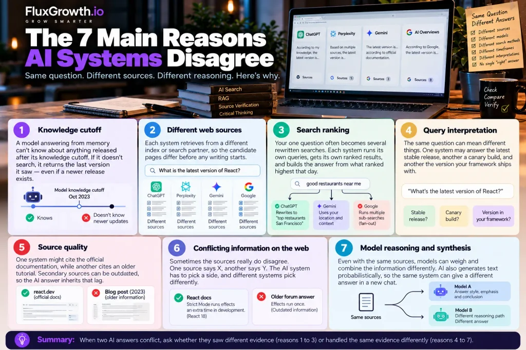 Infographic: 7 reasons AI systems disagree, from knowledge cutoff and web sources to query interpretation and reasoning