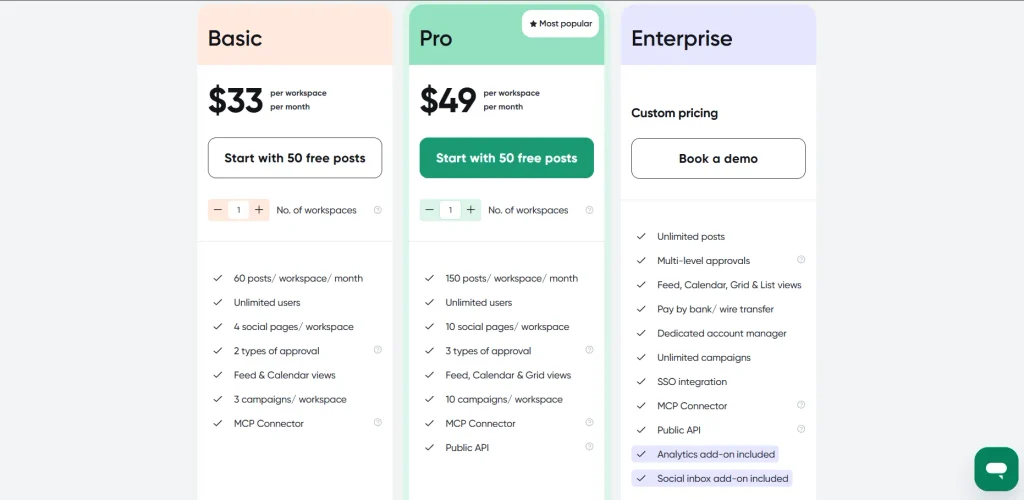 Planable pricing page 2026: Basic $33 and Pro $49 per workspace per month, with 50 free posts to start and Enterprise custom